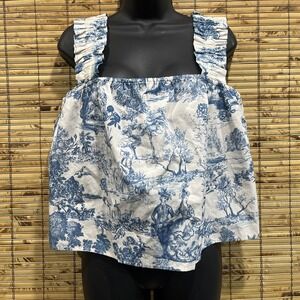 Gianni Bini Top Womens L Sadie Toile Du Joie Smocked Tank Blue White Babydoll